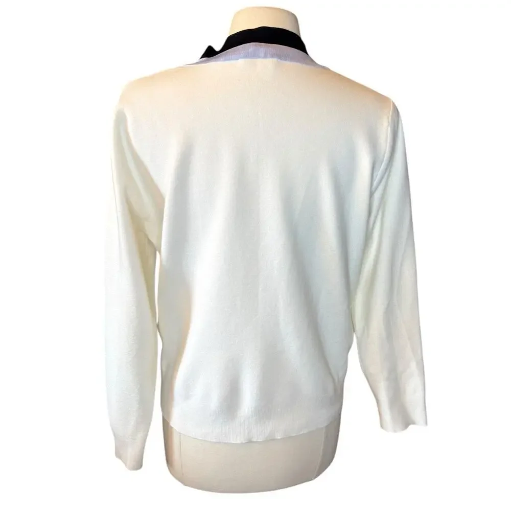Mango NEW V Neck Varsity Sweater Medium Pullover Cream and Blue